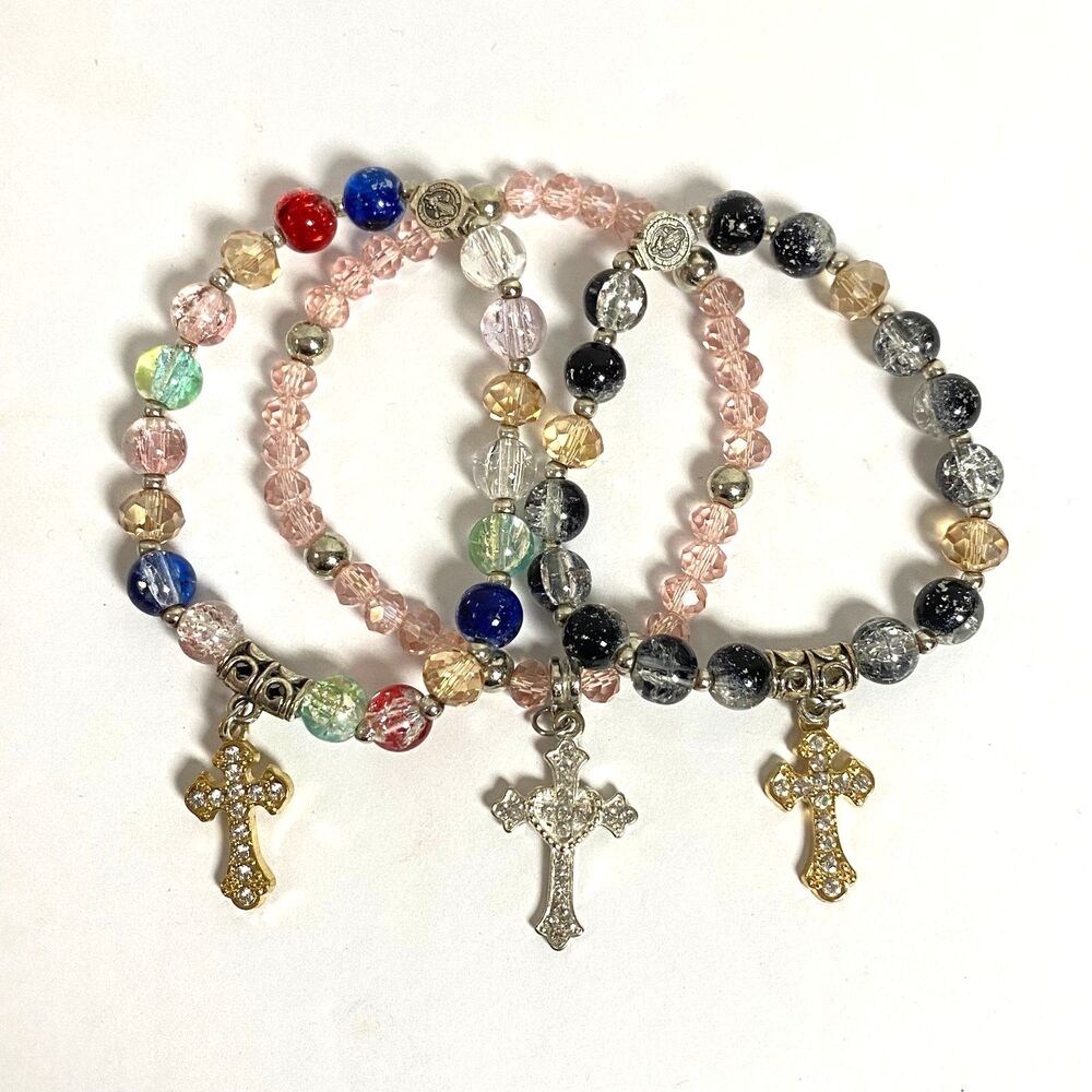 Prayer Bracelet Lot of 3 Cross Charms Glass Beads Multicolor Stretch